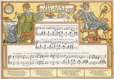 『マイ・レディ・グリーンスリーブス』、 『パン・パイプス』の歌のイラスト、古歌集、新曲、テオの伴奏付き。 Marzials、George Routledge und Sons、1884年にロンドンで発行（カラー 作： Walter Crane